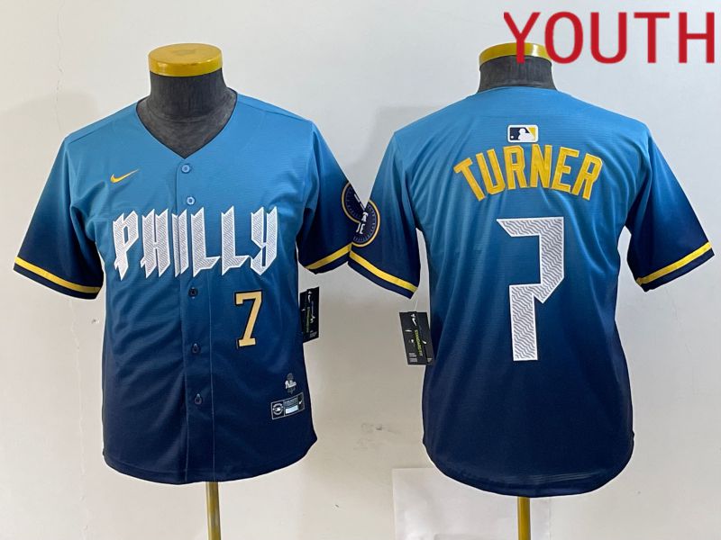 Youth Philadelphia Phillies #7 Turner Blue City Edition Nike 2024 MLB Jersey style 3->youth mlb jersey->Youth Jersey